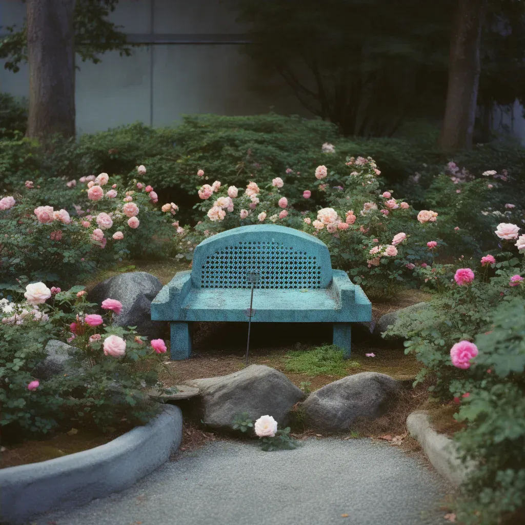 Garden scene with stone bench, blooming roses, and tranquil fountain - Image 4