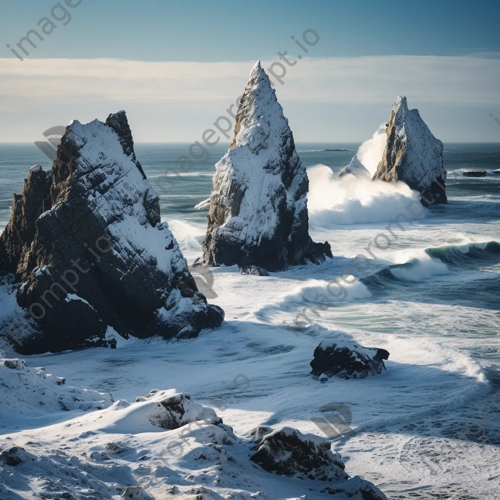 Coastal sea stacks covered in snow - Image 1