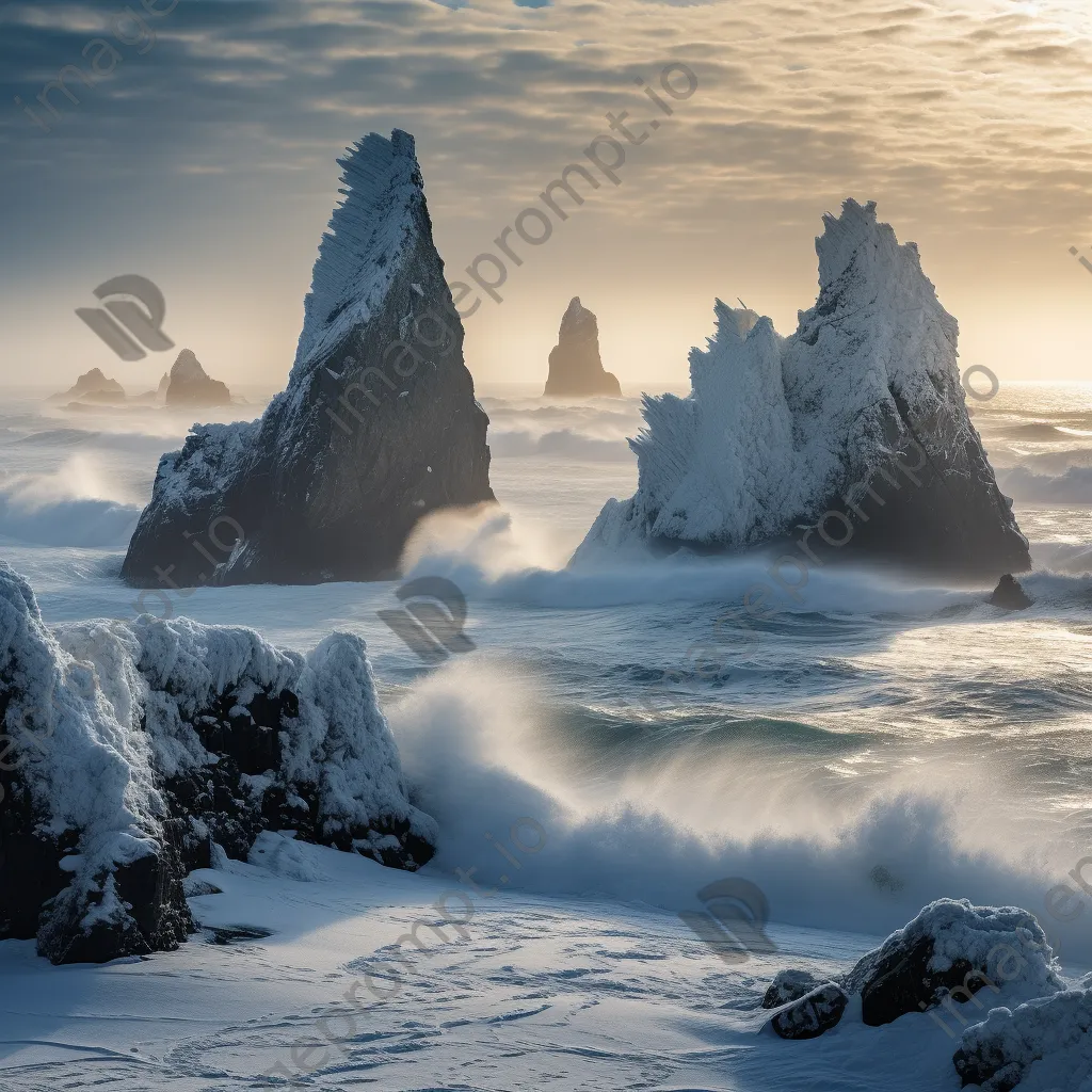 Coastal sea stacks covered in snow - Image 2