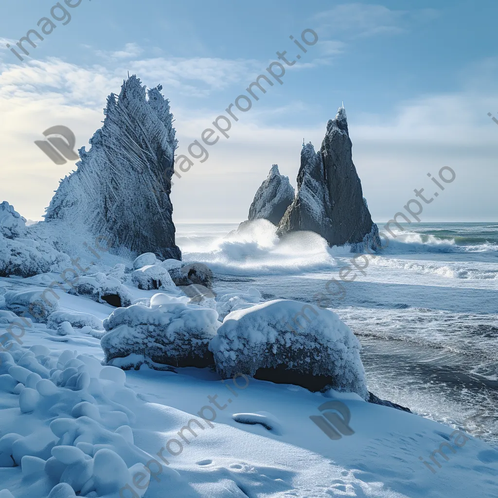 Coastal sea stacks covered in snow - Image 4