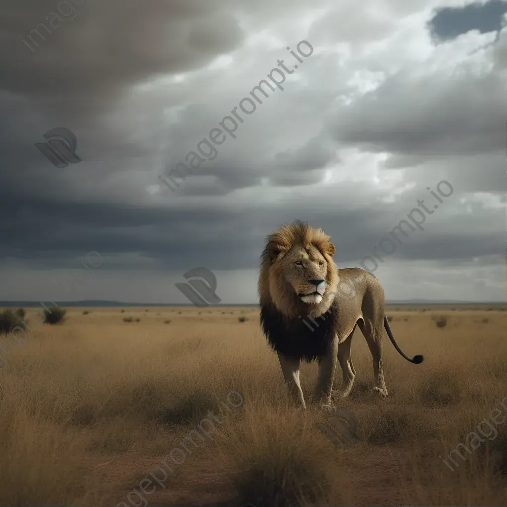 Majestic lion in vast savanna with dramatic sky - Image 1