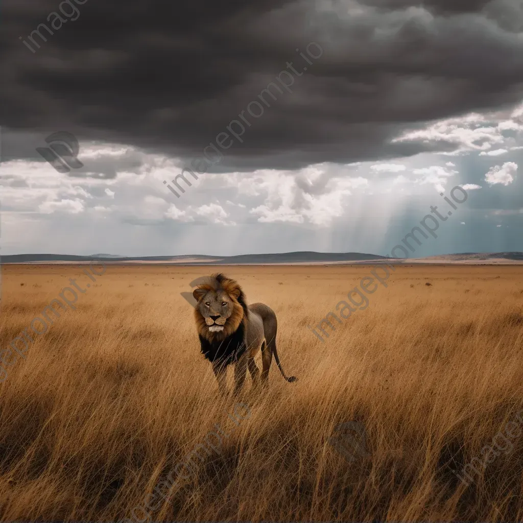 Majestic lion in vast savanna with dramatic sky - Image 2