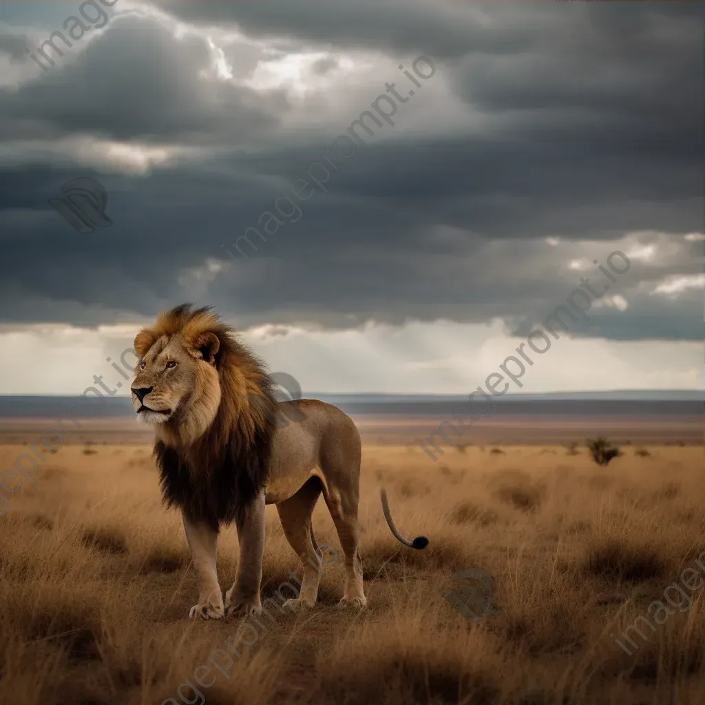 Majestic lion in vast savanna with dramatic sky - Image 3