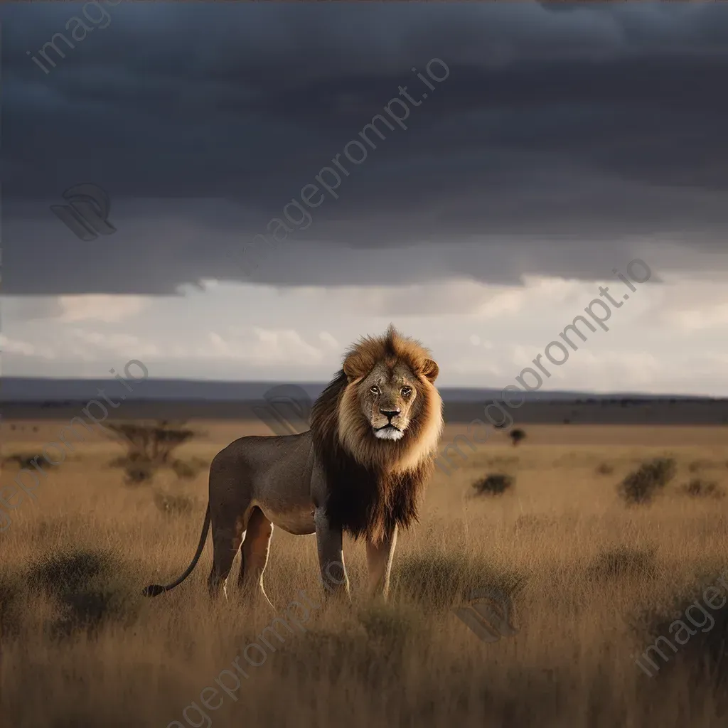 Majestic lion in vast savanna with dramatic sky - Image 4