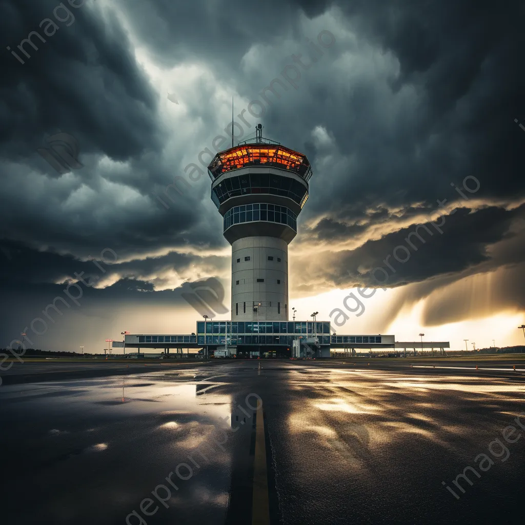 Airport control tower under a stormy sky - Image 1