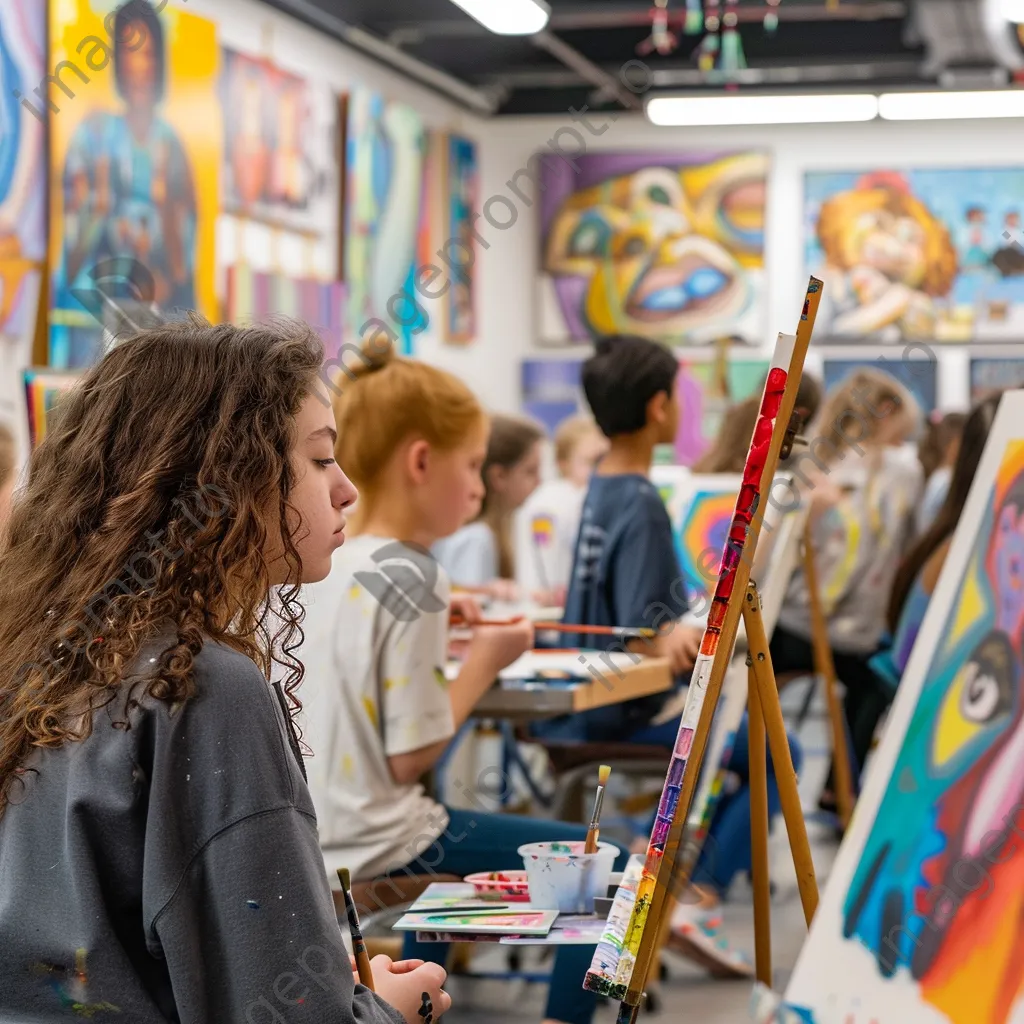 Students creating art at easels in a colorful classroom. - Image 1