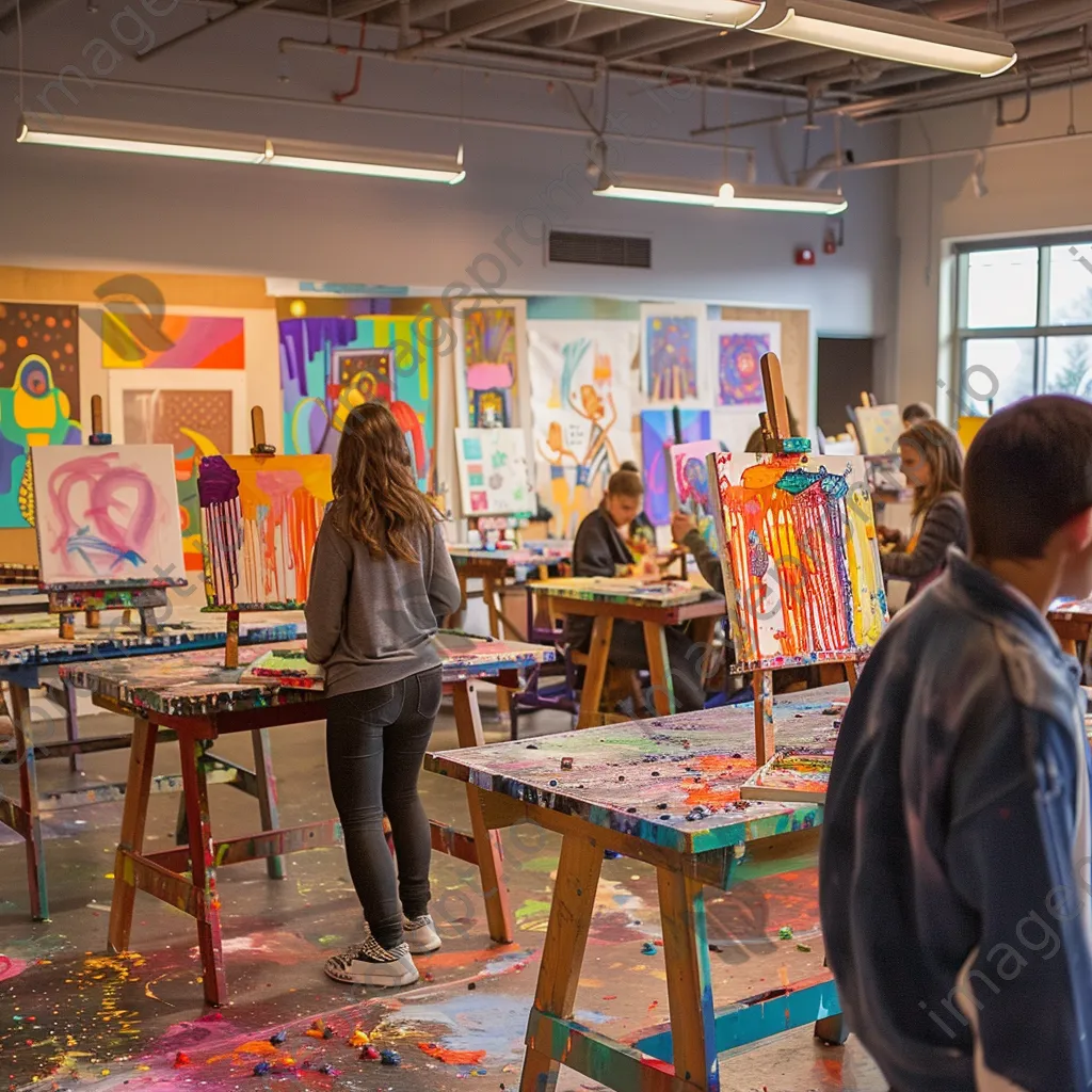 Students creating art at easels in a colorful classroom. - Image 2