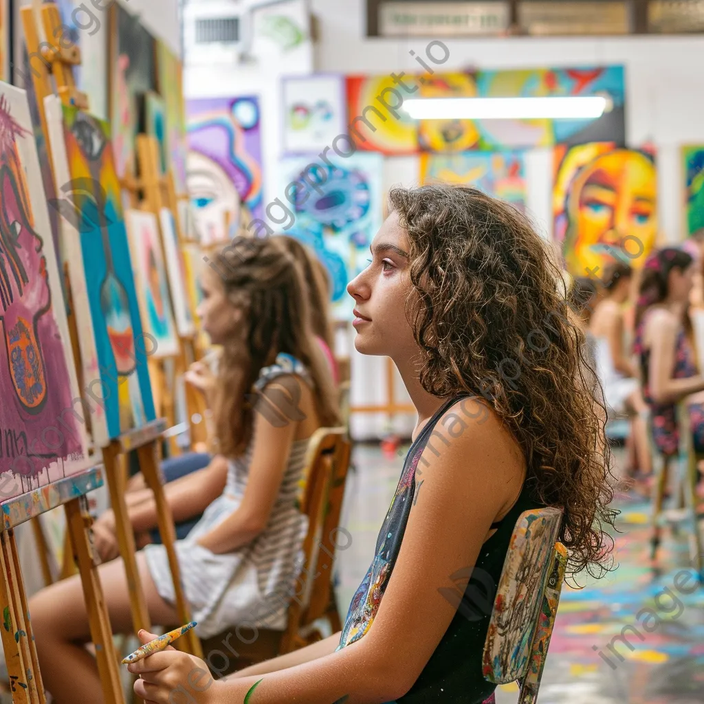 Students creating art at easels in a colorful classroom. - Image 4