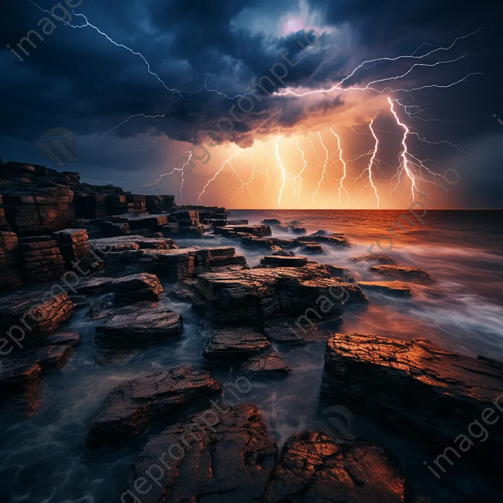 Lightning illuminating rocky cliffs along the coastline at dusk. - Image 1