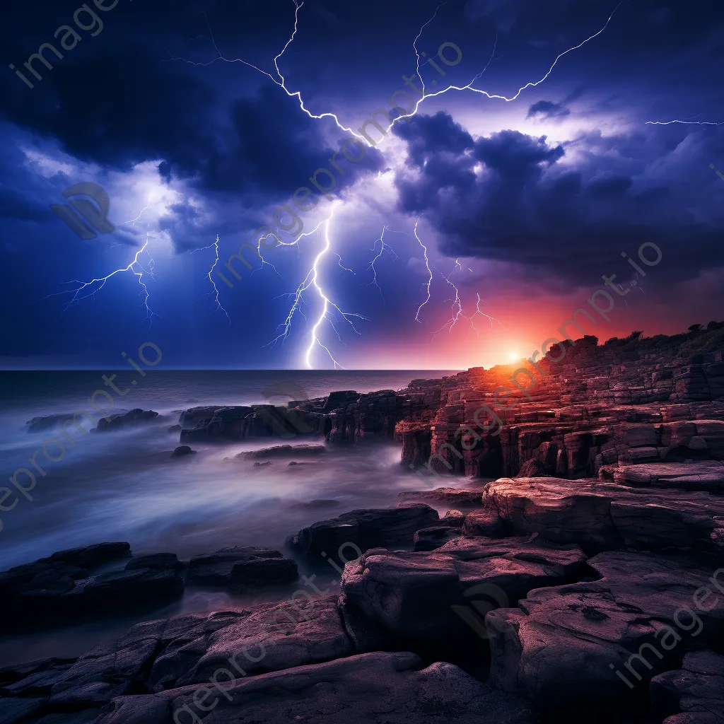 Lightning illuminating rocky cliffs along the coastline at dusk. - Image 2