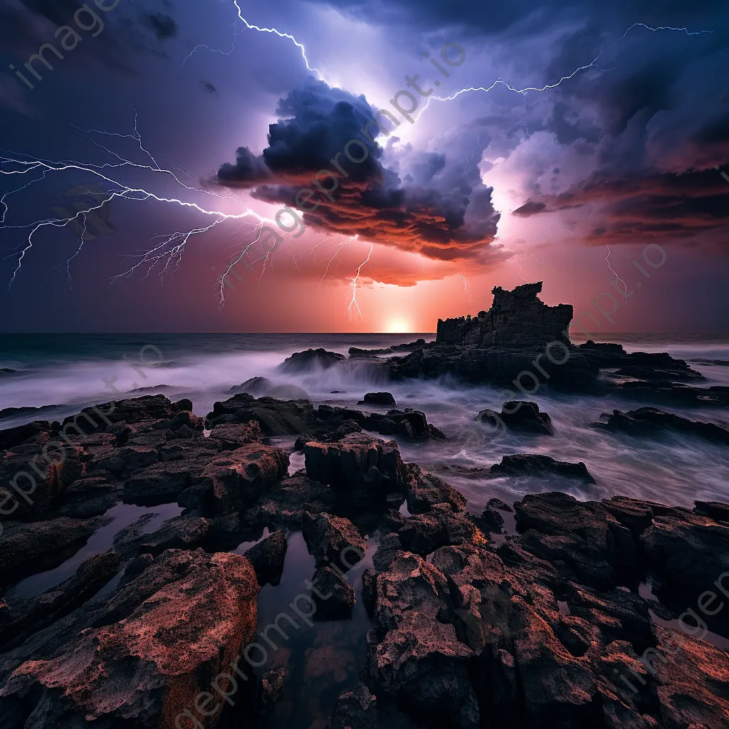 Lightning illuminating rocky cliffs along the coastline at dusk. - Image 3