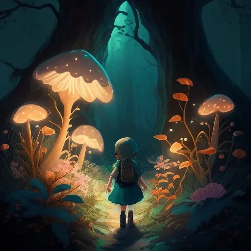 Illustration of oversized mushrooms and glowing flowers in a fairy tale forest - Image 1