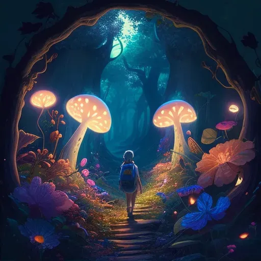 Illustration of oversized mushrooms and glowing flowers in a fairy tale forest - Image 2