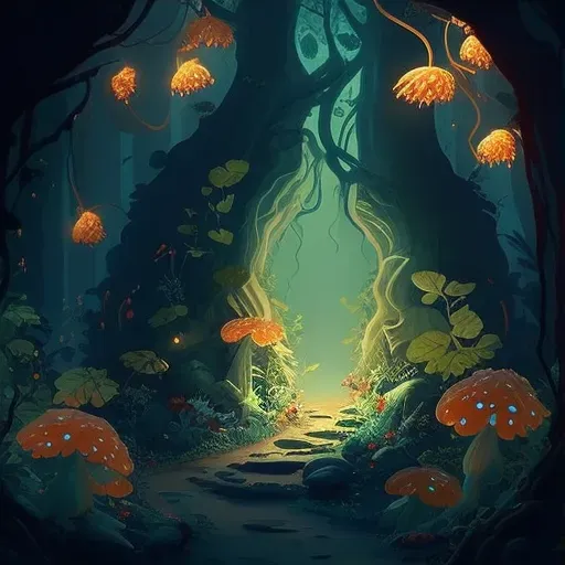 Illustration of oversized mushrooms and glowing flowers in a fairy tale forest - Image 3