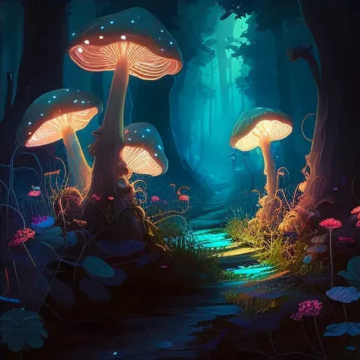 Illustration of oversized mushrooms and glowing flowers in a fairy tale forest - Image 4