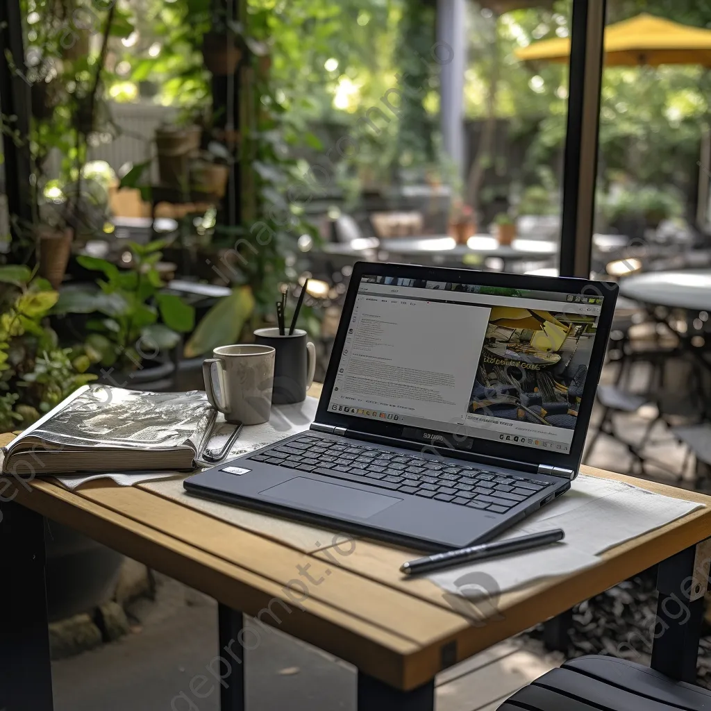 Person working on a laptop at an outdoor patio table in greenery - Image 1