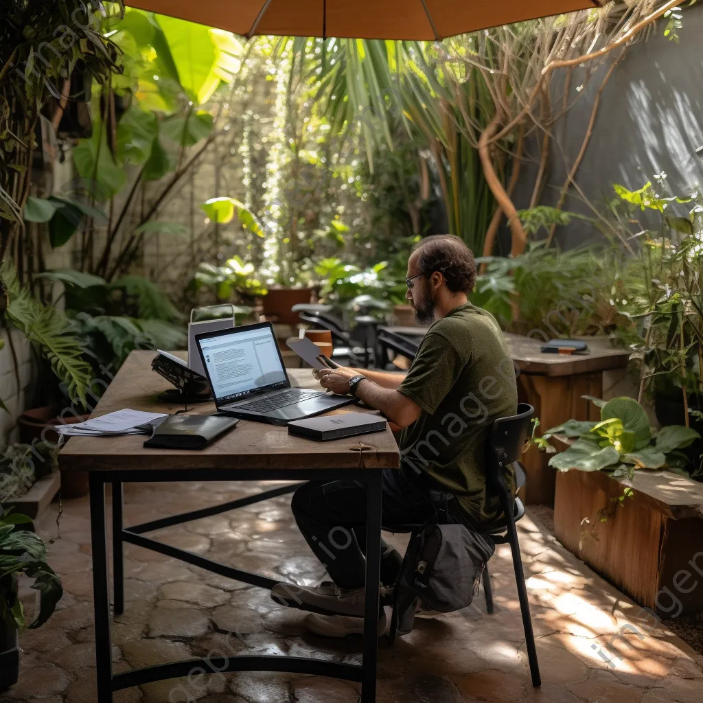 Person working on a laptop at an outdoor patio table in greenery - Image 2