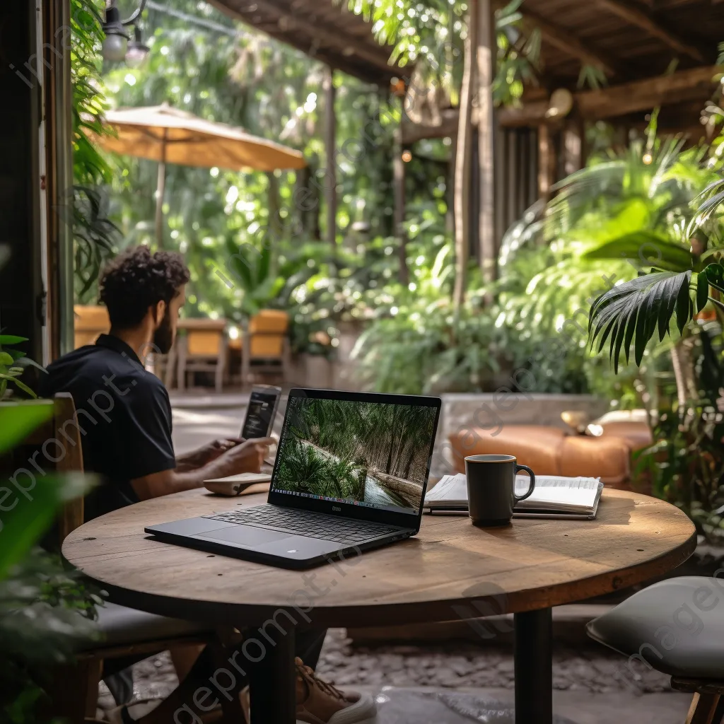 Person working on a laptop at an outdoor patio table in greenery - Image 4