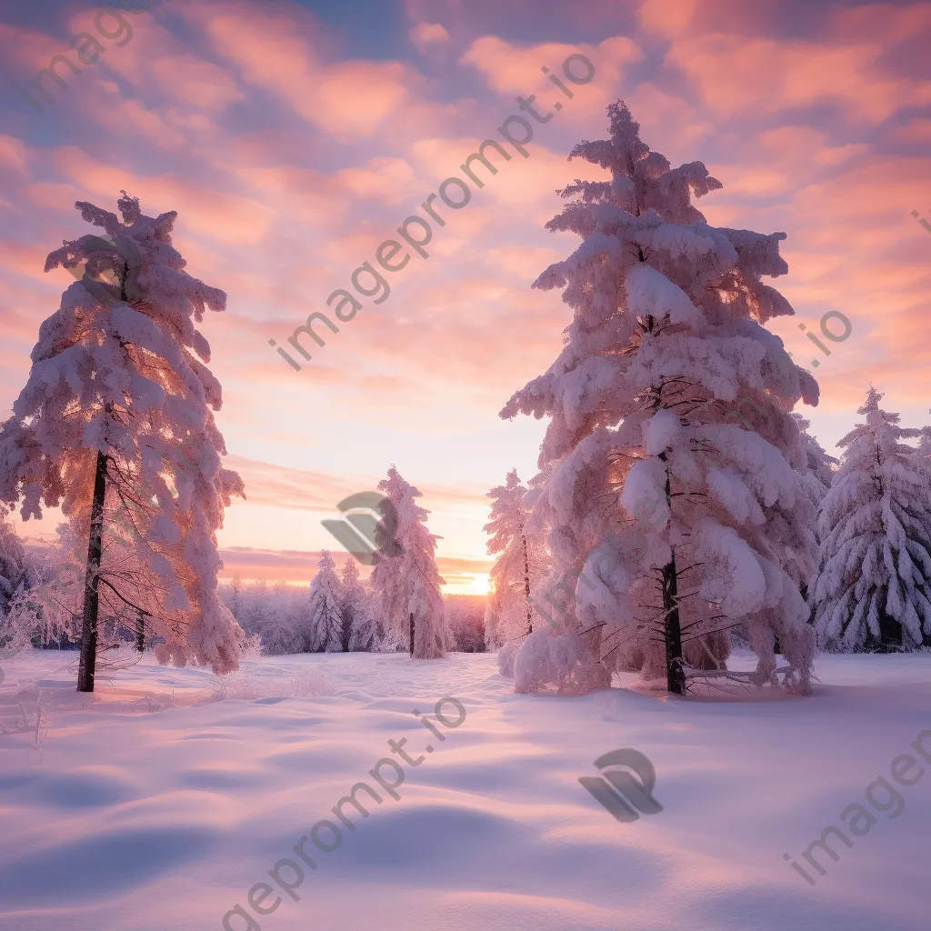 Winter landscape with snow-covered pine trees during sunrise - Image 1