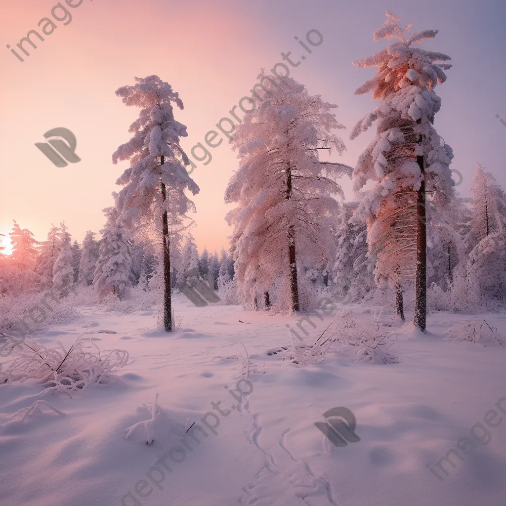 Winter landscape with snow-covered pine trees during sunrise - Image 2