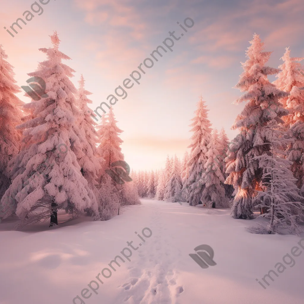 Winter landscape with snow-covered pine trees during sunrise - Image 3