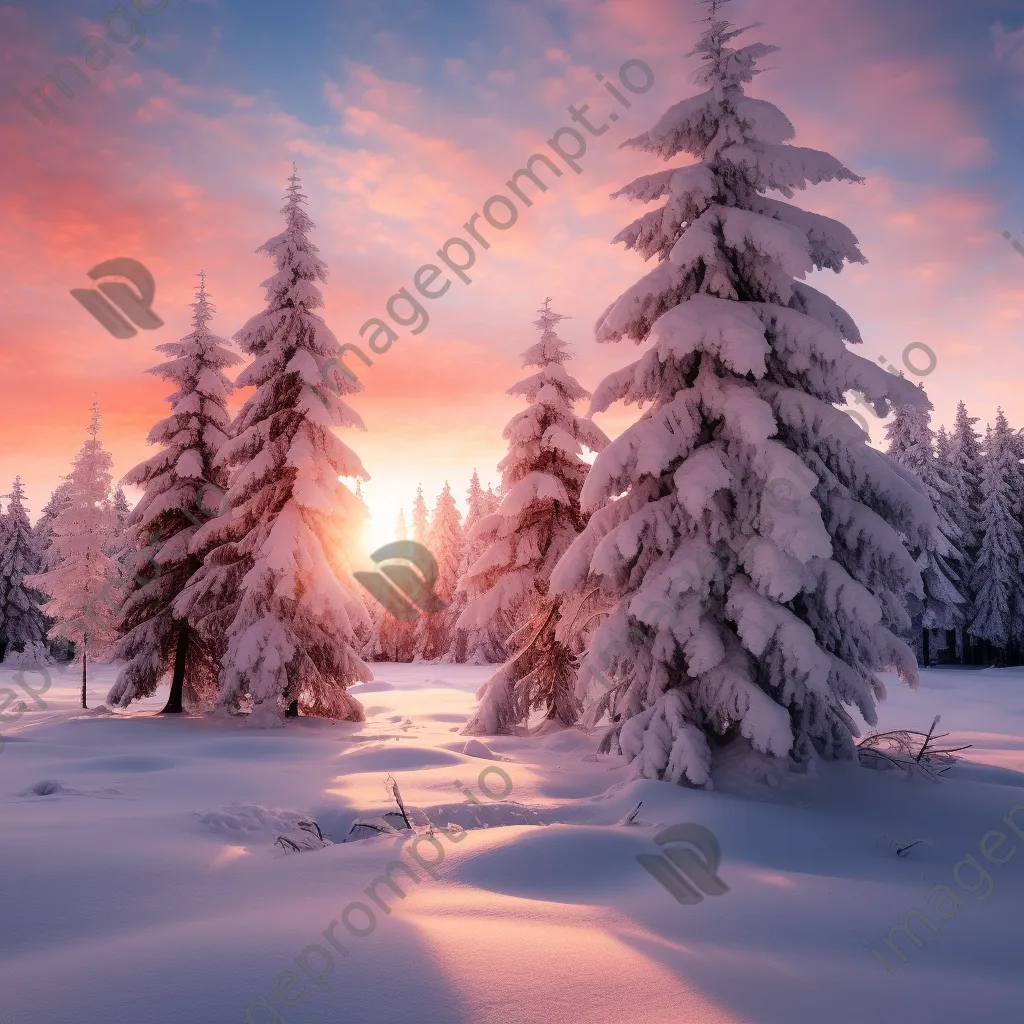 Winter landscape with snow-covered pine trees during sunrise - Image 4