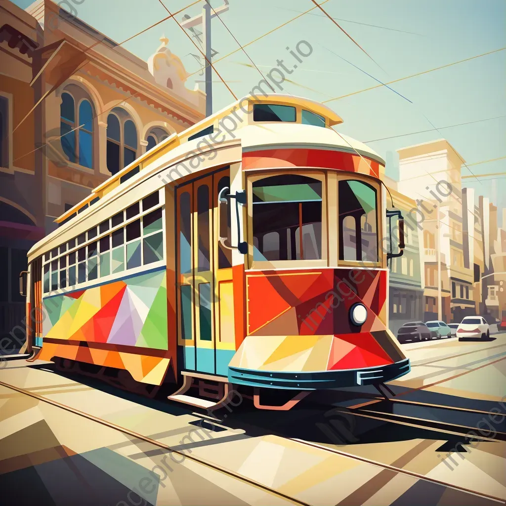 Vintage San Francisco trams presented in low poly style with sunshine casting angular shadows - Image 1