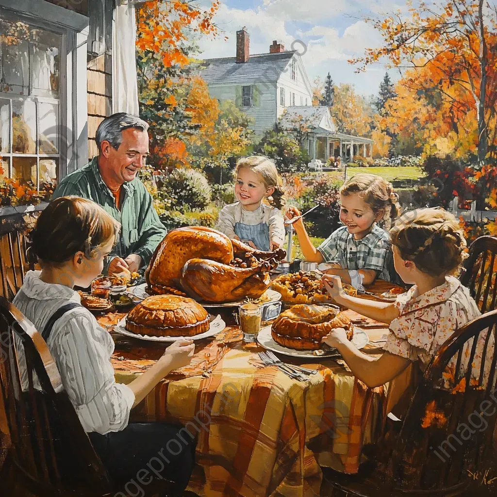 Warm depiction of a nostalgic Thanksgiving family gathering with pumpkin pies and turkey roasting - Image 1