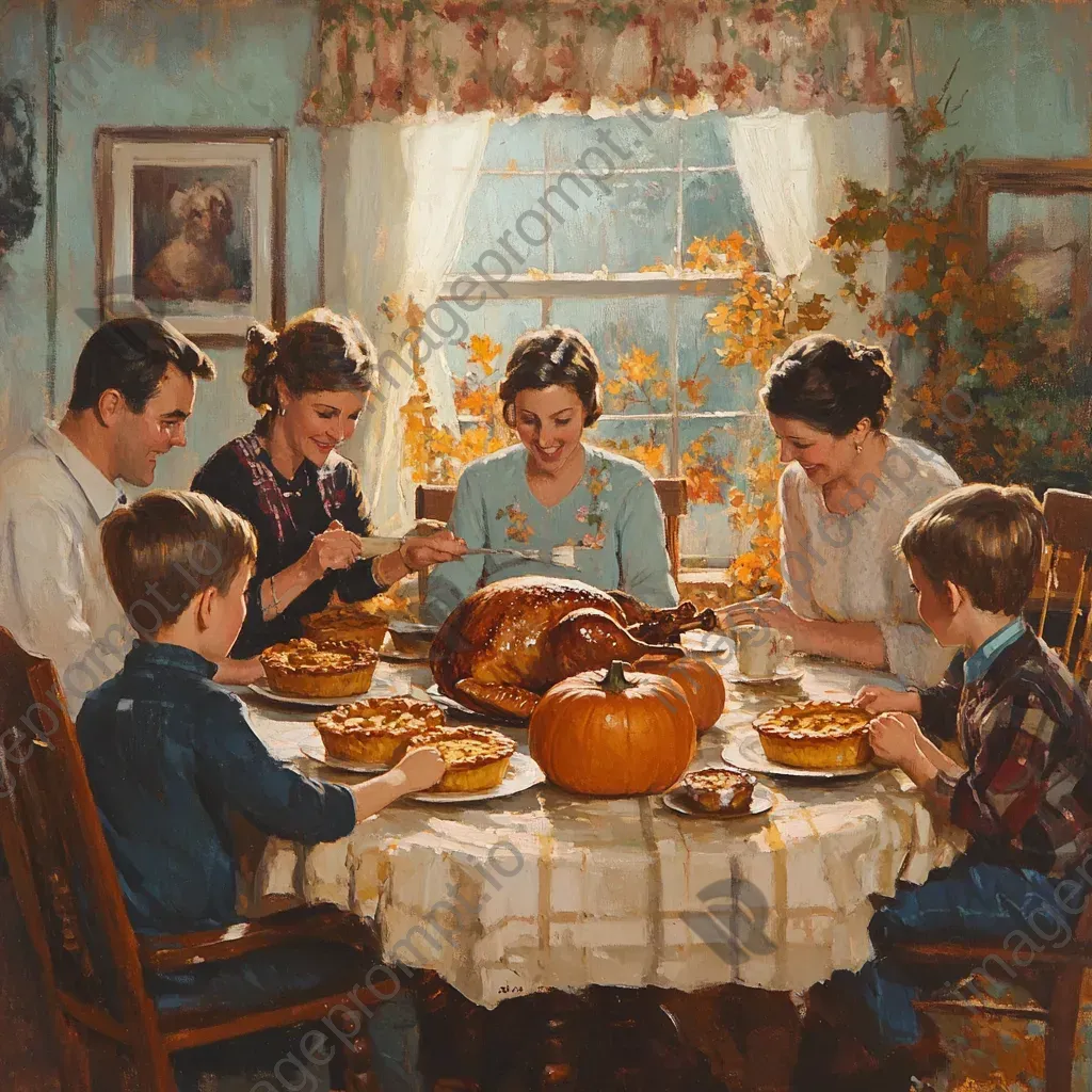 Warm depiction of a nostalgic Thanksgiving family gathering with pumpkin pies and turkey roasting - Image 3