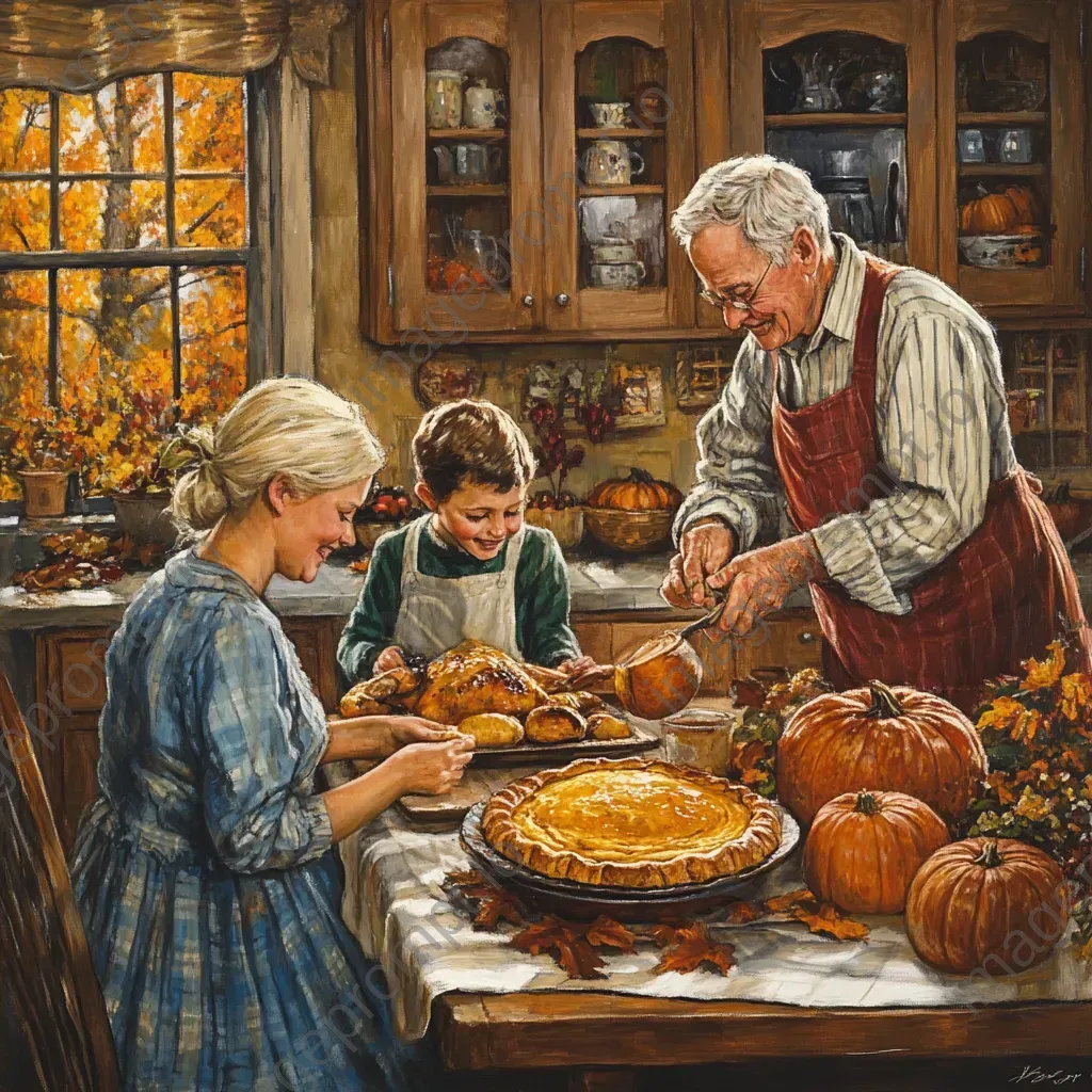 Warm depiction of a nostalgic Thanksgiving family gathering with pumpkin pies and turkey roasting - Image 4