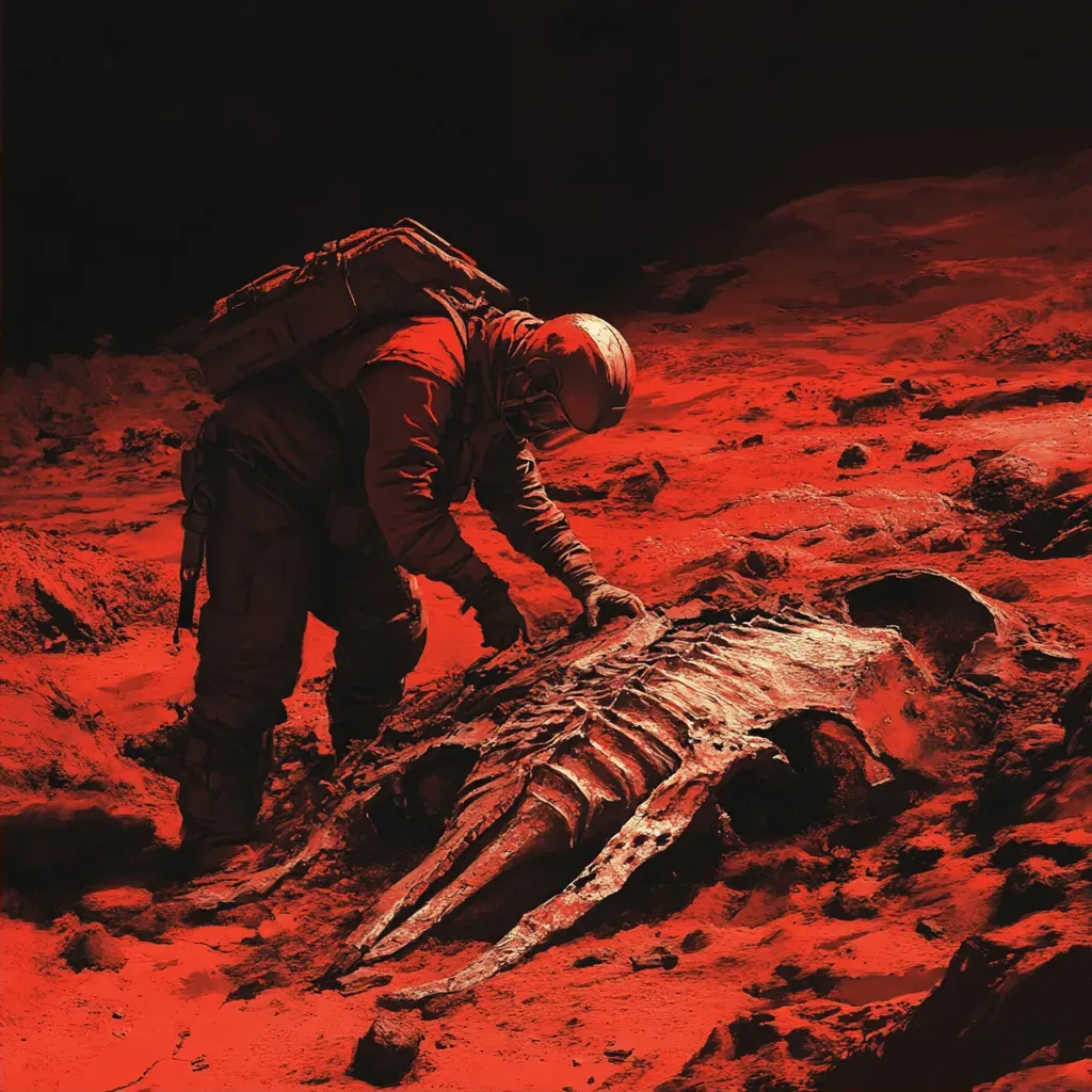 Digital art of an archaeologist uncovering fossilized alien remains on Mars - Image 2