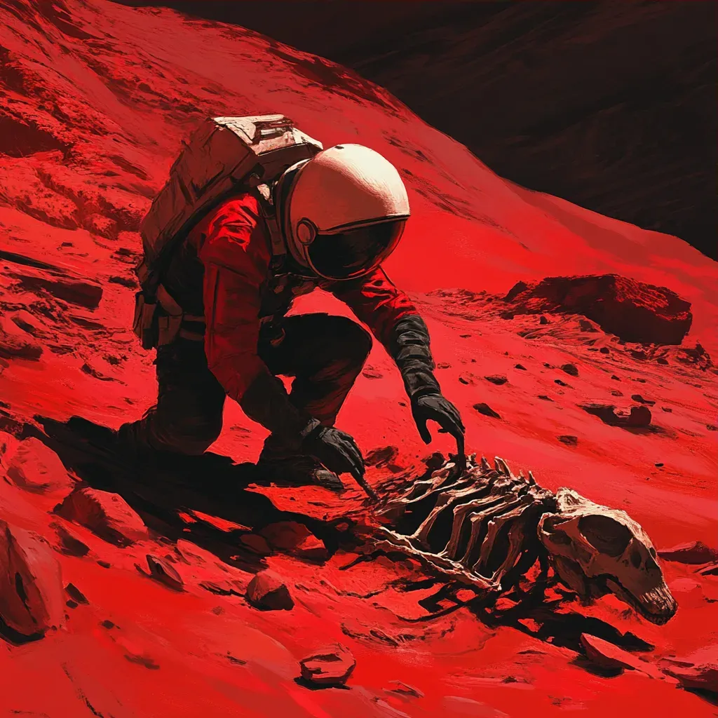 Digital art of an archaeologist uncovering fossilized alien remains on Mars - Image 3