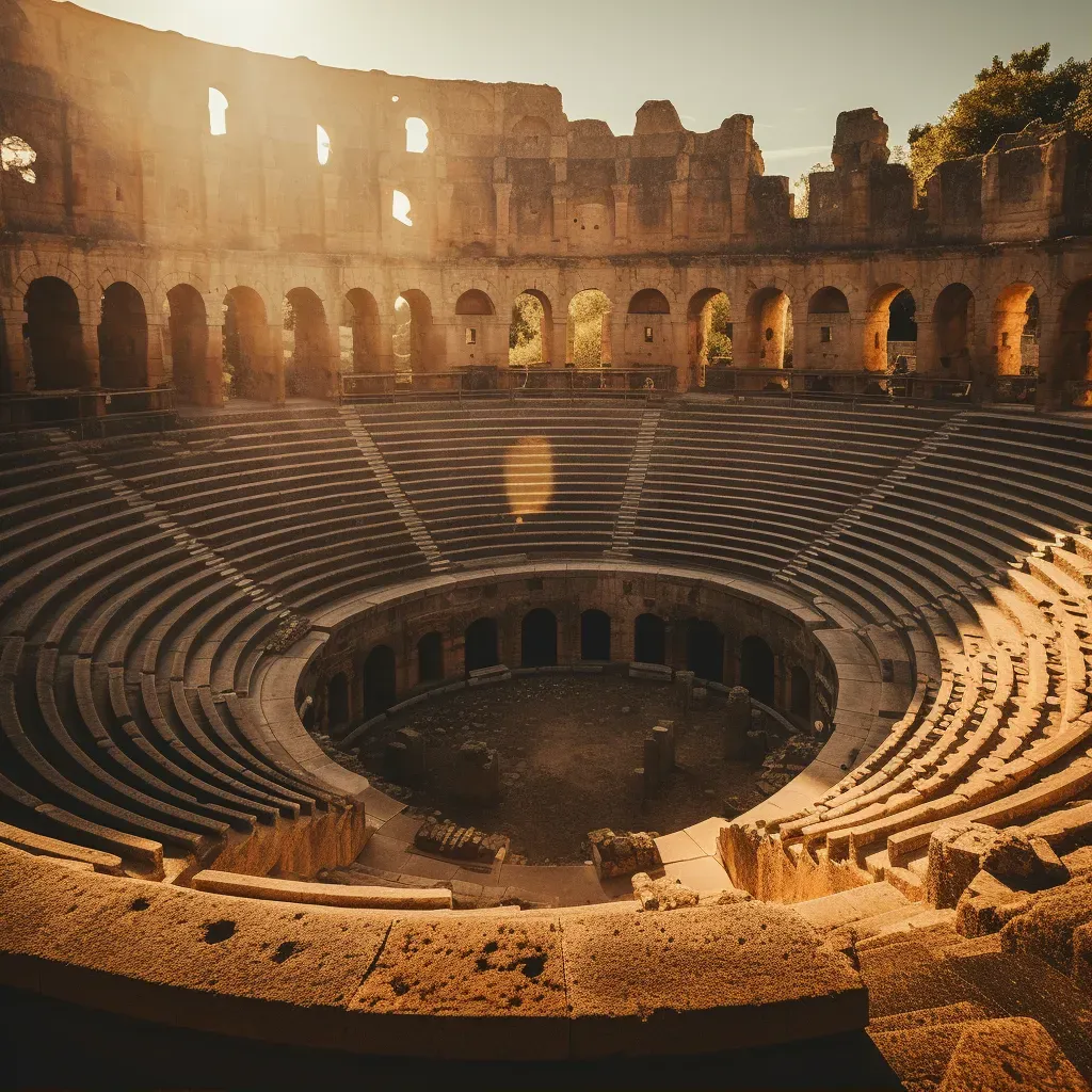 Ancient Roman amphitheater in golden sunlight with intricate architecture - Image 1