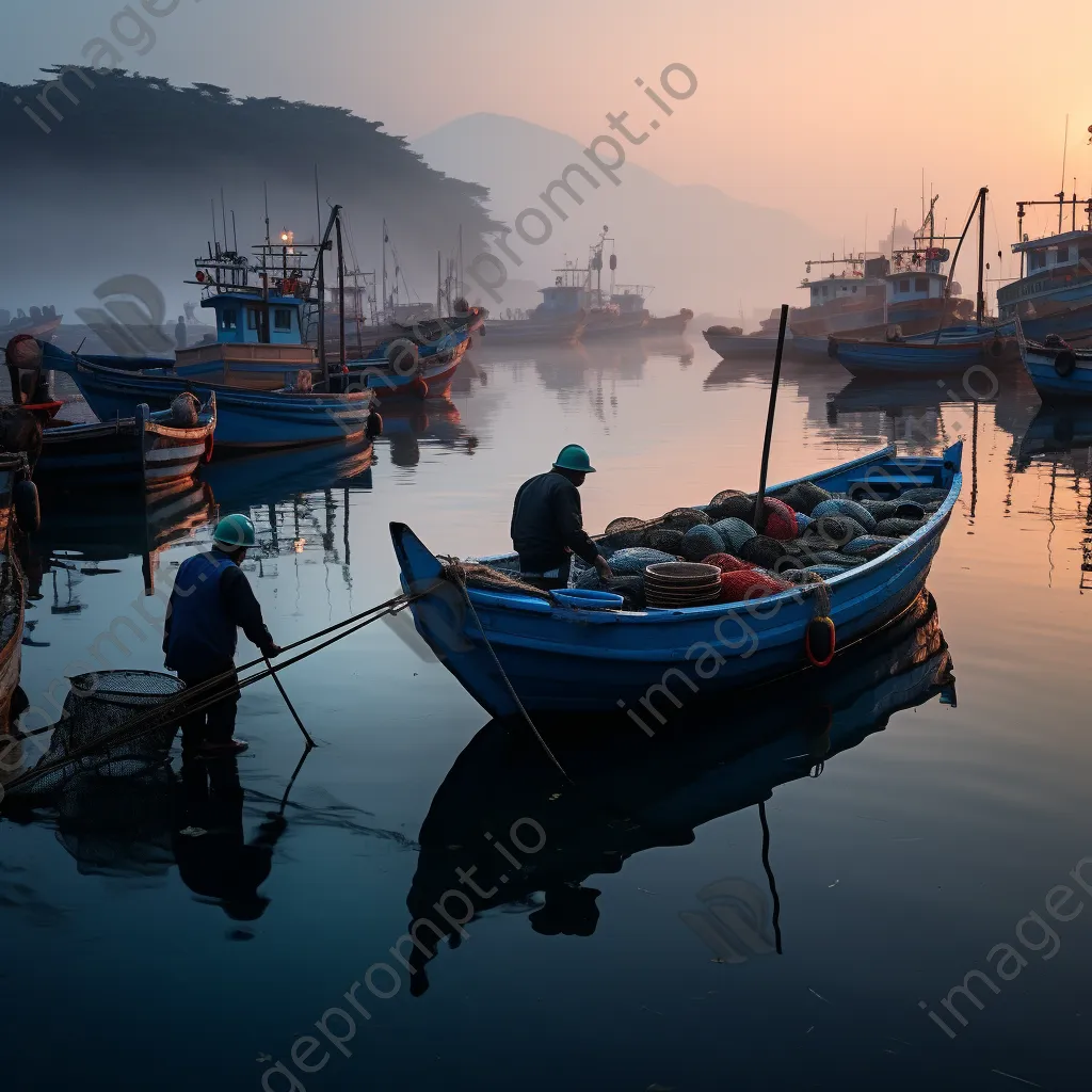 Early morning scene at a quiet fishing harbor with mist and boats. - Image 1