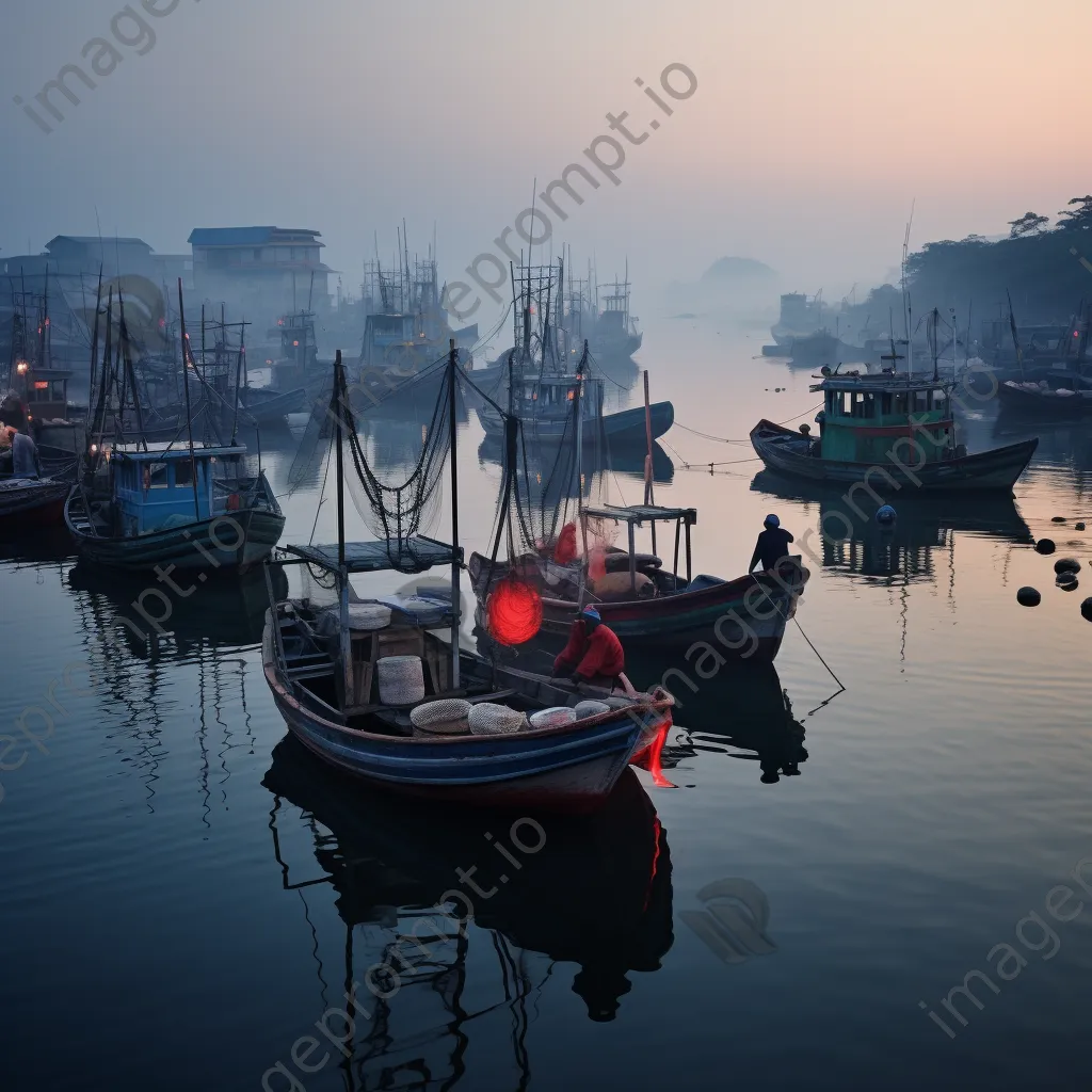 Early morning scene at a quiet fishing harbor with mist and boats. - Image 2