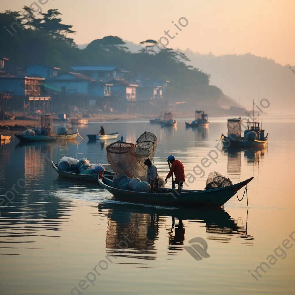 Early morning scene at a quiet fishing harbor with mist and boats. - Image 3