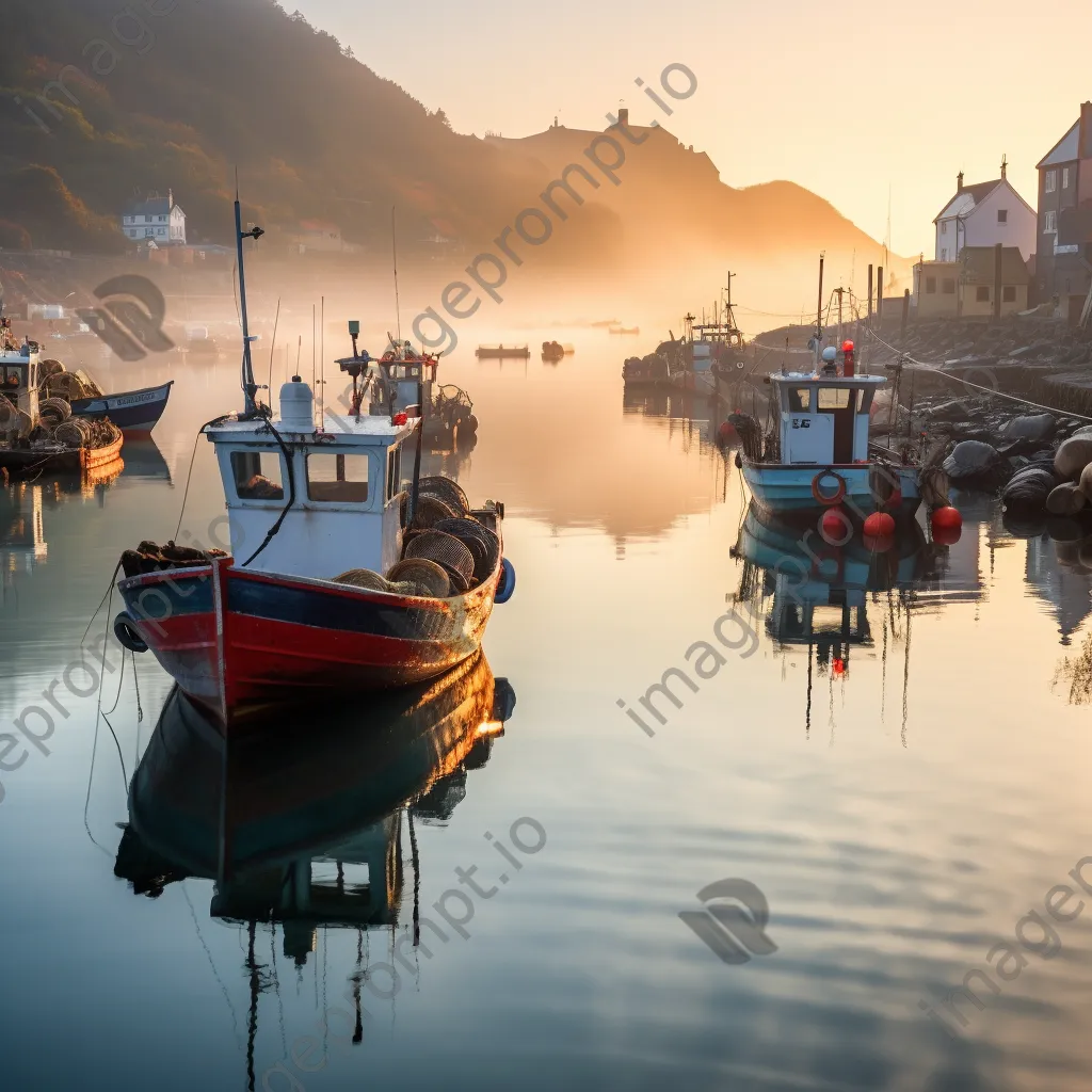 Early morning scene at a quiet fishing harbor with mist and boats. - Image 4