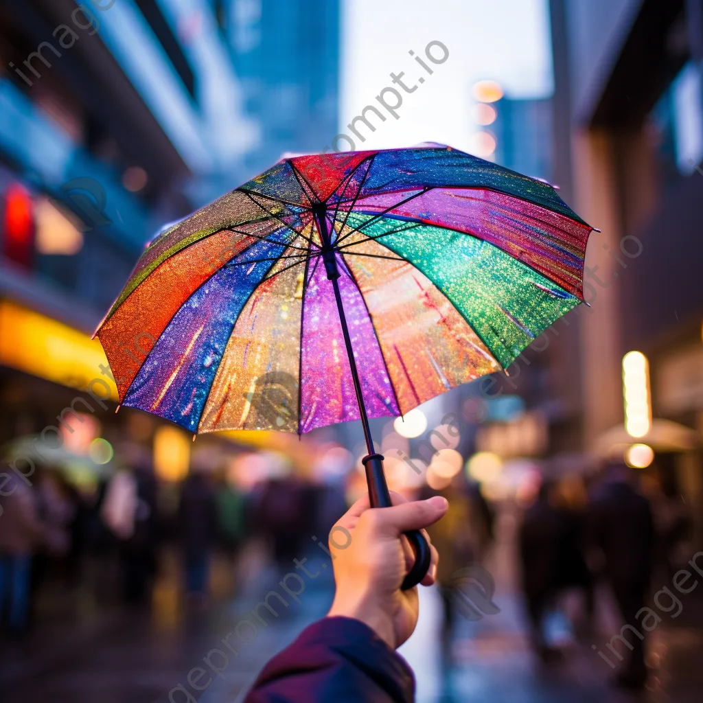 Close-up of a hand holding a colorful umbrella - Image 1