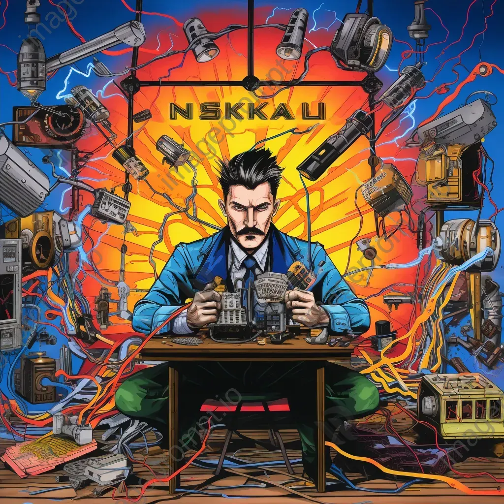 Colorful pop art depiction of Nikola Tesla amidst sparks in his workshop - Image 2