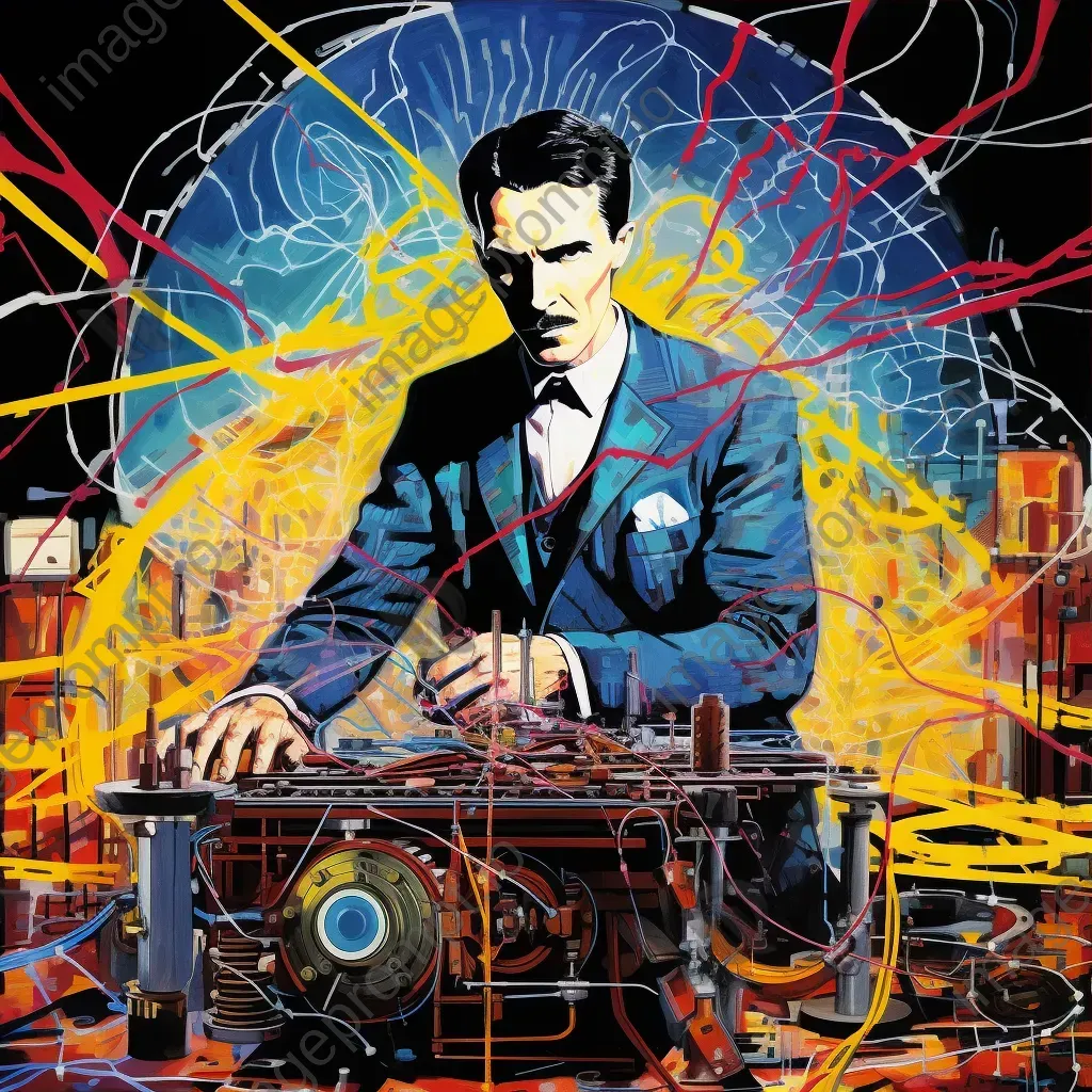 Colorful pop art depiction of Nikola Tesla amidst sparks in his workshop - Image 3