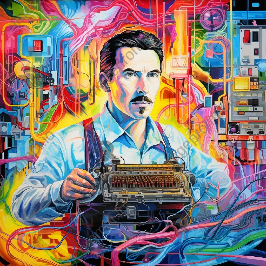 Colorful pop art depiction of Nikola Tesla amidst sparks in his workshop - Image 4