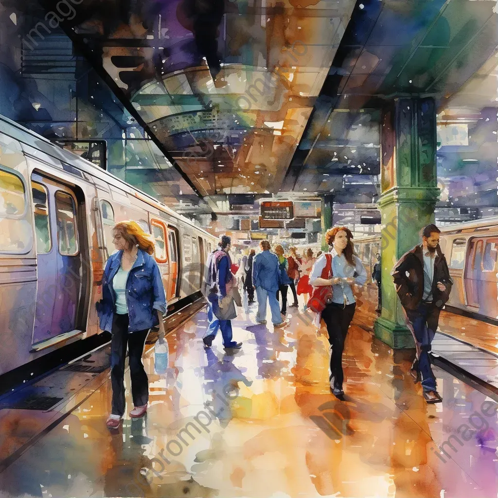 Watercolor painting illustrating the frenetic motion of urban life on a subway platform - Image 1