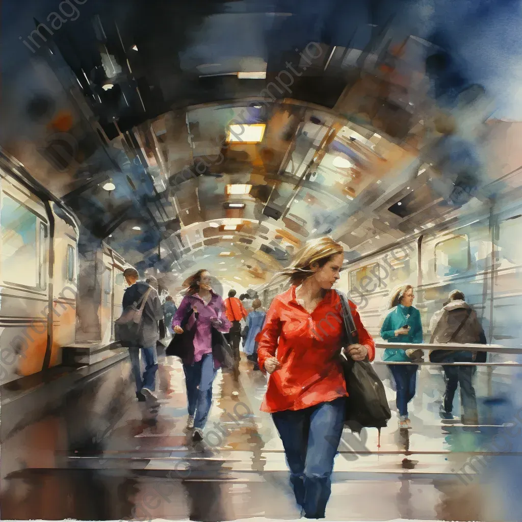 Watercolor painting illustrating the frenetic motion of urban life on a subway platform - Image 2