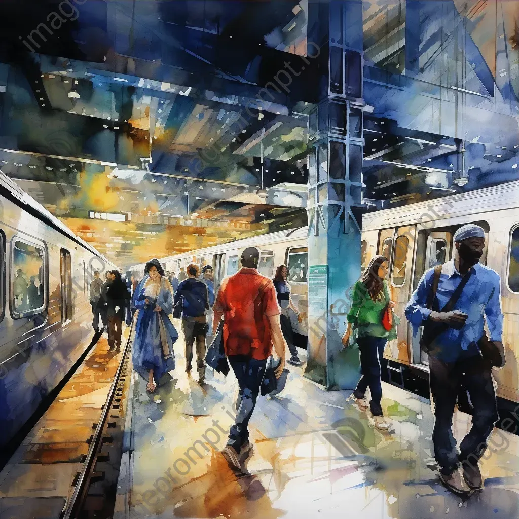 Watercolor painting illustrating the frenetic motion of urban life on a subway platform - Image 3