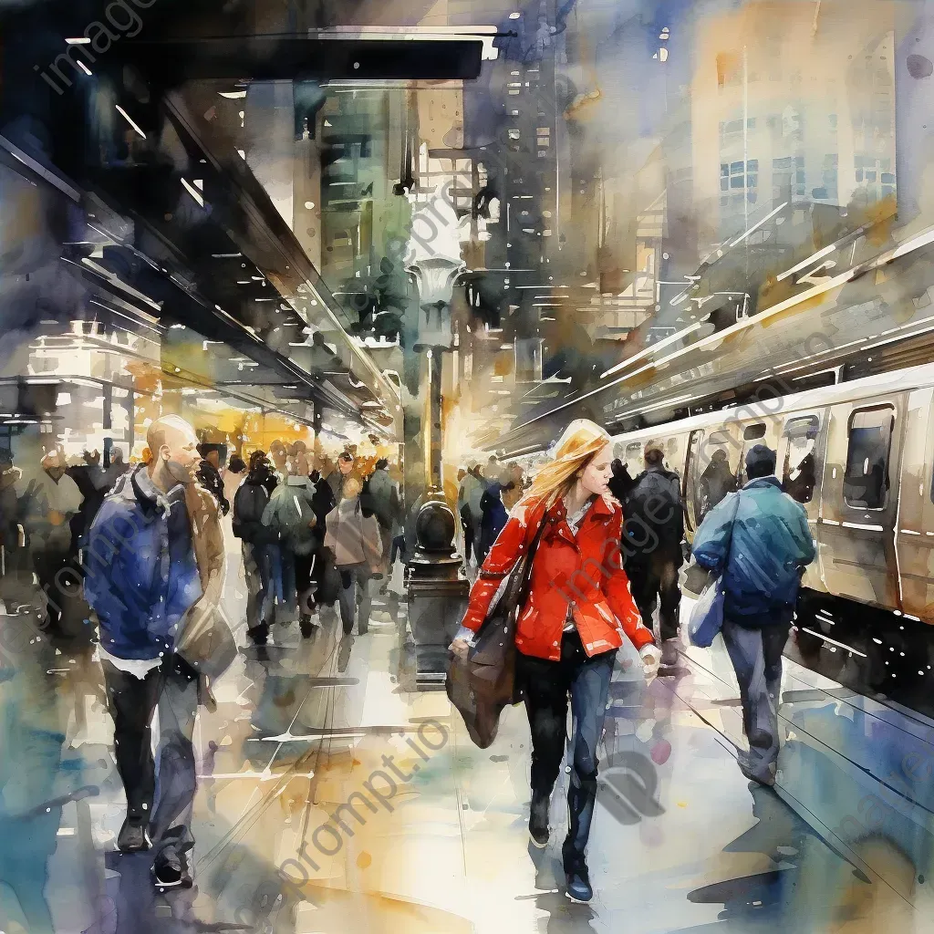 Watercolor painting illustrating the frenetic motion of urban life on a subway platform - Image 4