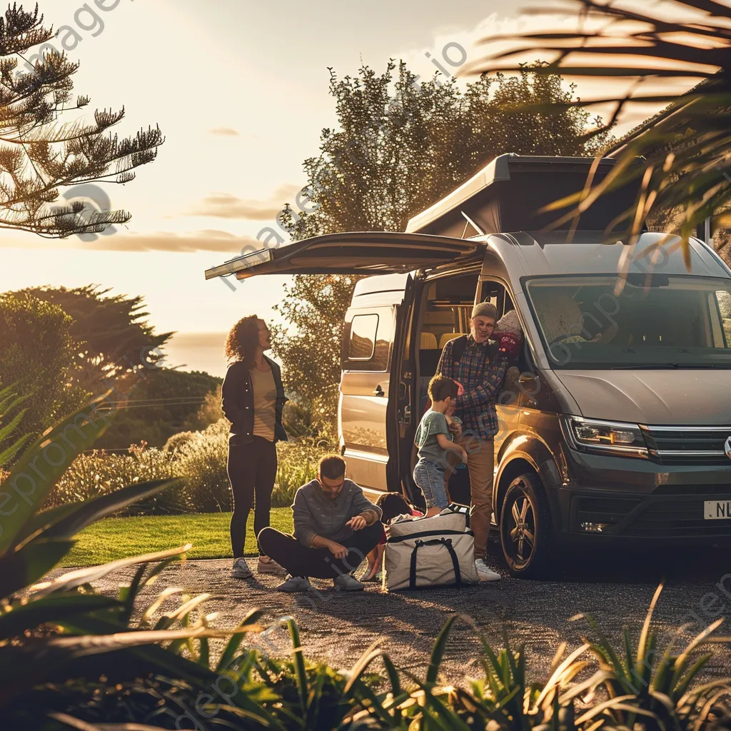 Family packing their camper van on a sunny morning - Image 3