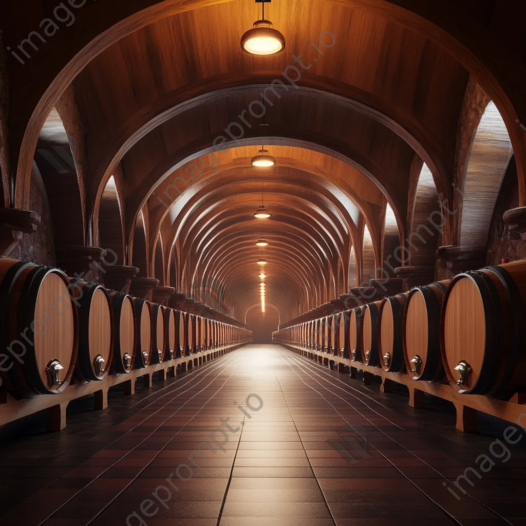 Warmly lit wine barrel aging cellar with wooden barrels. - Image 1