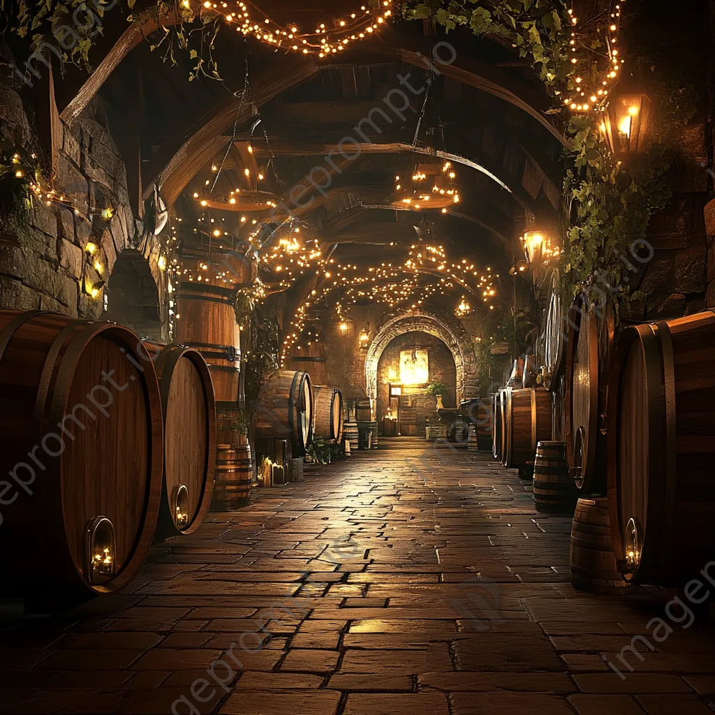 Warmly lit wine barrel aging cellar with wooden barrels. - Image 3