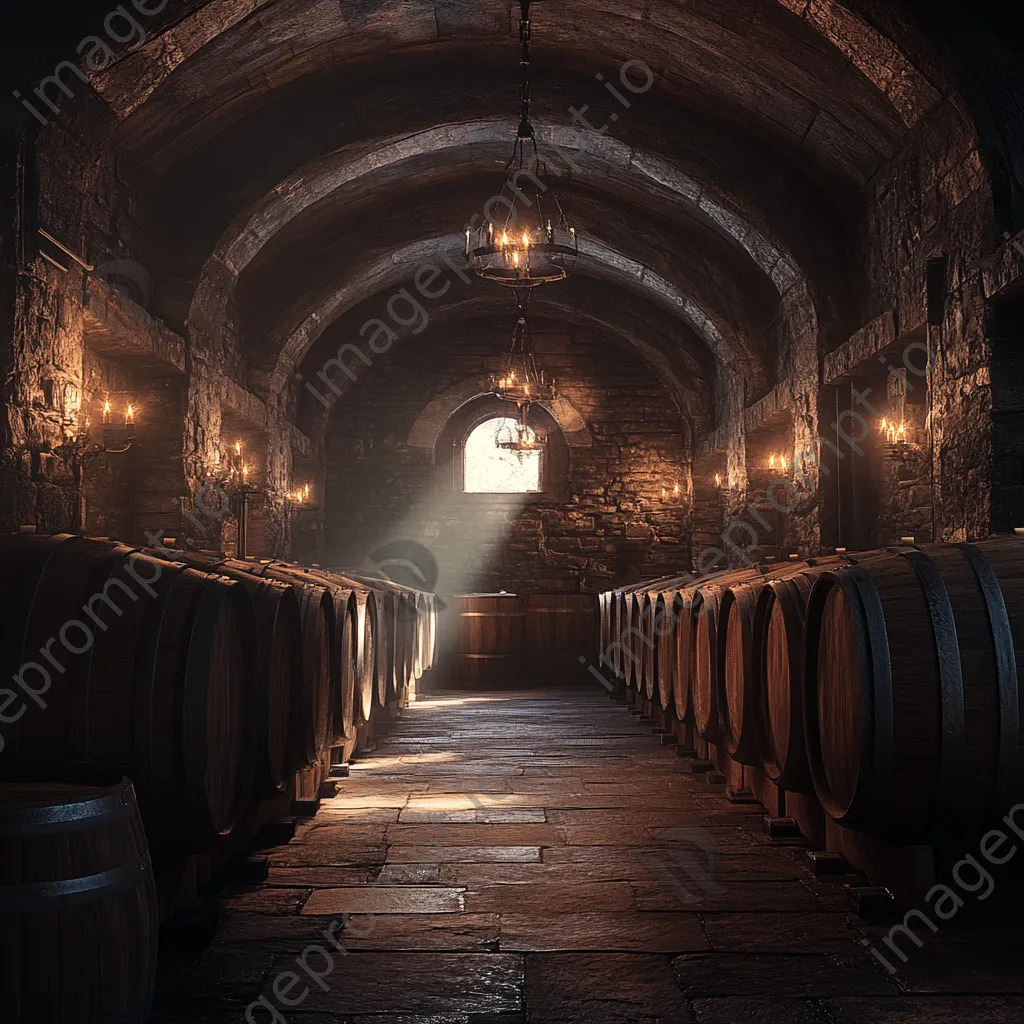 Warmly lit wine barrel aging cellar with wooden barrels. - Image 4