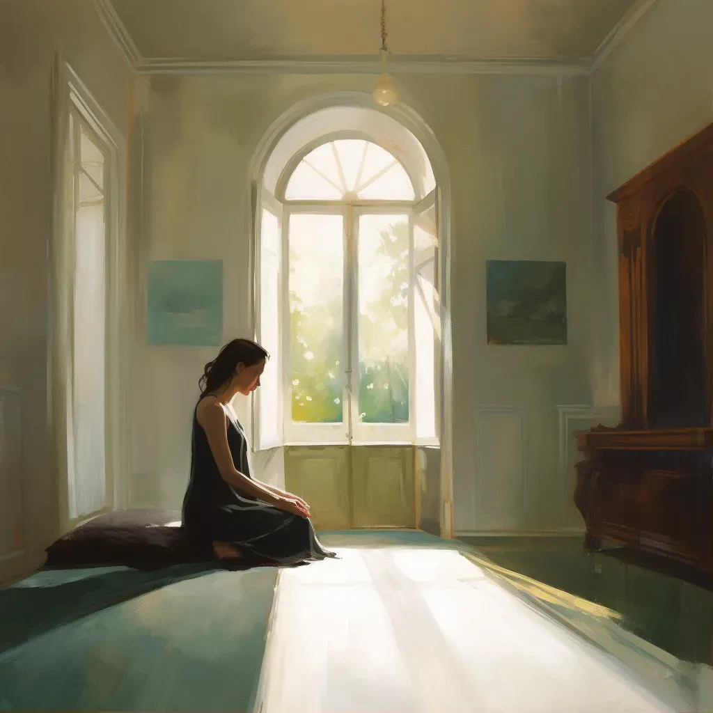 Woman in prayer bathed in divine light in a tranquil room - Image 1